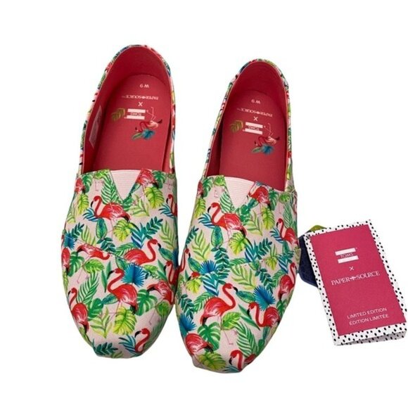 NIB Toms x Paper Source Alpargata Slip-On Sz 9 Pink Flamingos - Picture 3 of 13